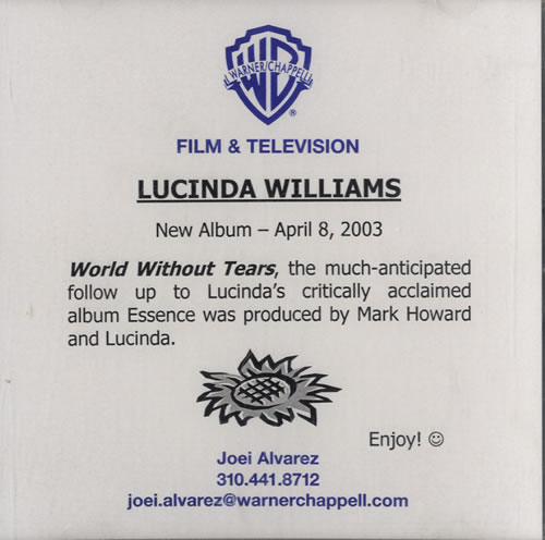 Lucinda Williams World Without Tears CD-R acetate US LWICRWO478231