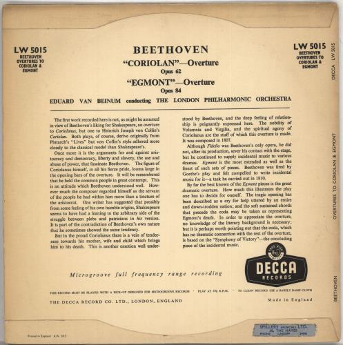 Ludwig Van Beethoven "Coriolan' Overture, Opus 62 / 'Egmont' Overture, Opus 84 10" vinyl single (10 inch record) UK LVB10CO711768