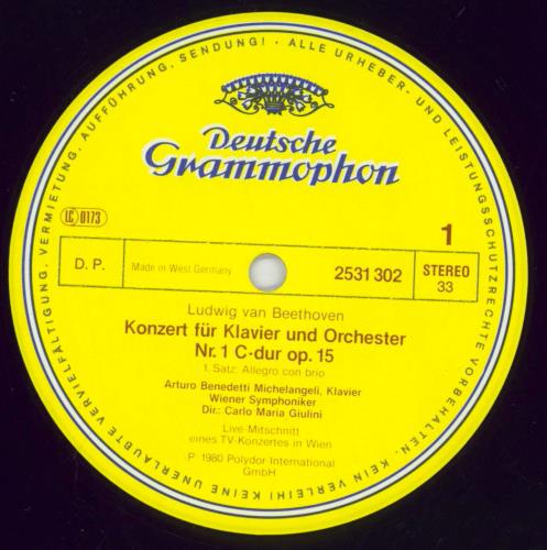 Ludwig Van Beethoven Beethoven: Klavierkonzert No. 1  Piano Concerto vinyl LP album (LP record) German LVBLPBE831124