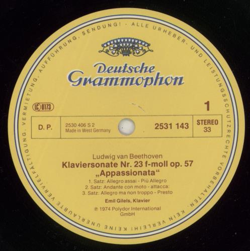 Ludwig Van Beethoven Beethoven: Klaviersonaten - Piano Sonatas No.23 Appassionata - No.21 Waldstein vinyl LP album (LP record) German LVBLPBE878231