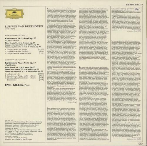 Ludwig Van Beethoven Beethoven: Klaviersonaten - Piano Sonatas No.23 Appassionata - No.21 Waldstein vinyl LP album (LP record) German LVBLPBE878231