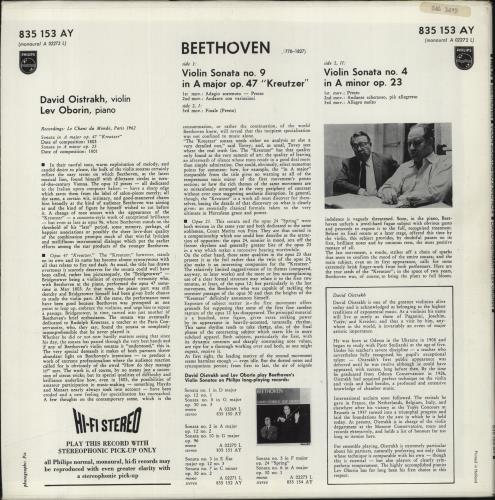 Ludwig Van Beethoven Beethoven: Violin Sonatas IV: No. 9 Op. 47 "Kreutzer" ? No 4 Op. 23 vinyl LP album (LP record) Dutch LVBLPBE837744