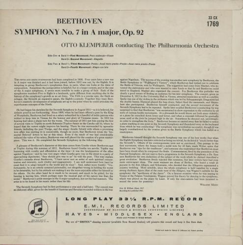 Ludwig Van Beethoven Symphony No. 7 in A Major, Op. 92 vinyl LP album (LP record) UK LVBLPSY759564
