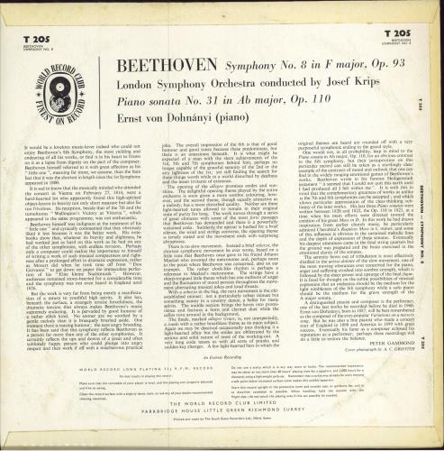 Ludwig Van Beethoven Symphony No. 8 / Piano Sonata No. 31 in A Flat, Op.110 vinyl LP album (LP record) UK LVBLPSY783910