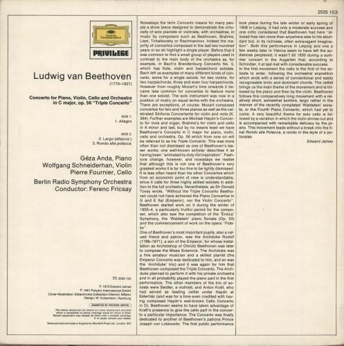 Ludwig Van Beethoven Triple Concerto vinyl LP album (LP record) German LVBLPTR722184