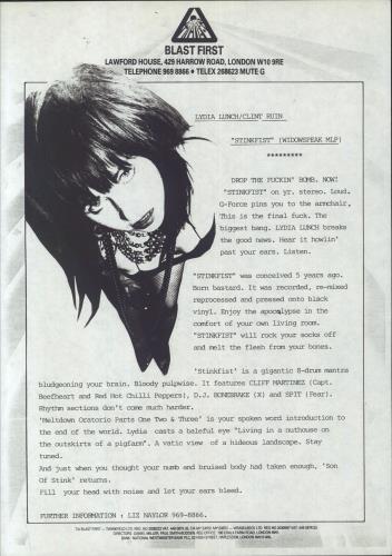 Lydia Lunch Stinkfist + Press release vinyl LP album (LP record) US LYDLPST832085