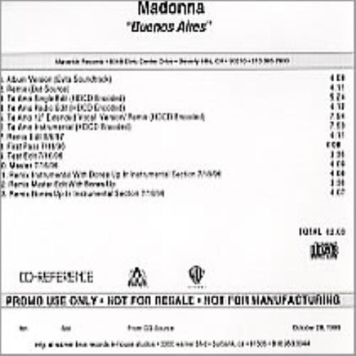 Madonna Buenos Aires - 13 Mixes CD-R acetate US MADCRBU147136