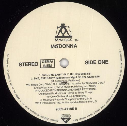 Madonna Bye Bye Baby - EX 12" vinyl single (12 inch record / Maxi-single) German MAD12BY728850