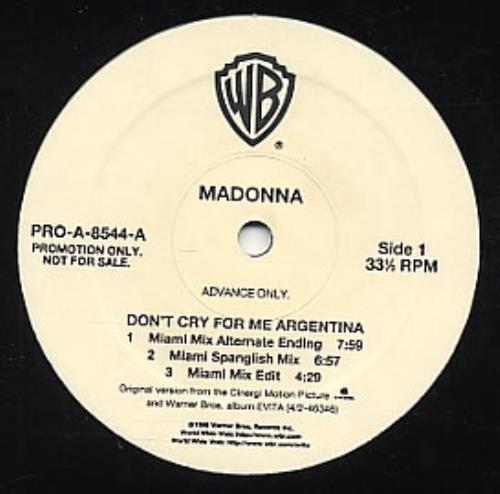 Madonna Don't Cry For Me Argentina - Advance Promo 12" vinyl single (12 inch record / Maxi-single) US MAD12DO81644