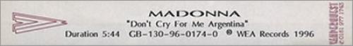 Madonna Don't Cry For Me Argentina video (VHS or PAL or NTSC) UK MADVIDO77069