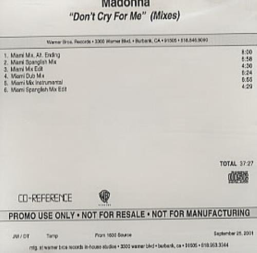 Madonna Don't Cry For Me Mixes CD-R acetate US MADCRDO302903