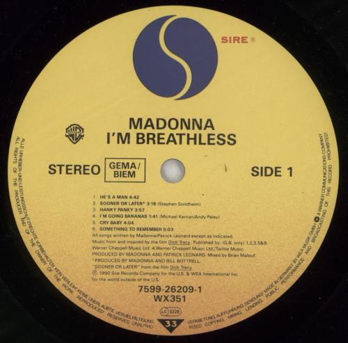 Madonna I'm Breathless - EX vinyl LP album (LP record) UK MADLPIM559563