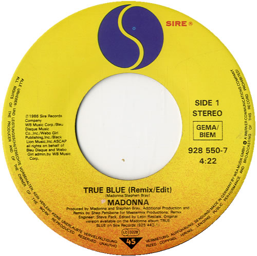 Madonna True Blue 7" vinyl single (7 inch record / 45) German MAD07TR585654