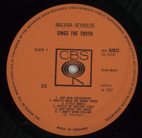 Malvina Reynolds Sings The Truth vinyl LP album (LP record) UK 98WLPSI878701