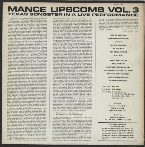 Mance Lipscomb Volume 3: Texas Songster In A Live Performance vinyl LP album (LP record) US QH9LPVO755299