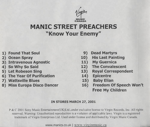 Manic Street Preachers Know Your Enemy CD album (CDLP) Canadian MASCDKN197837