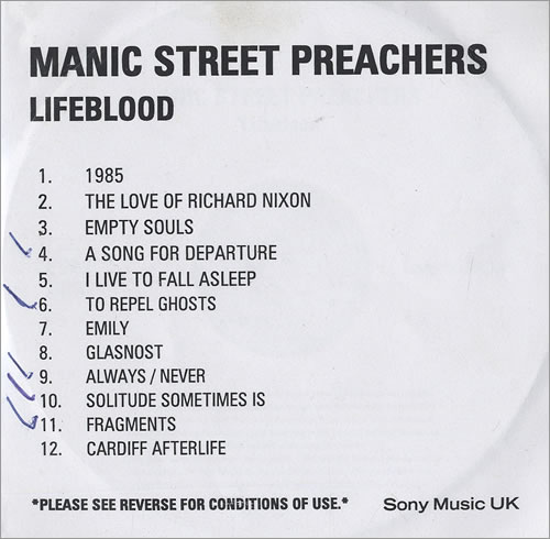 Manic Street Preachers Lifeblood CD-R acetate UK MASCRLI470612