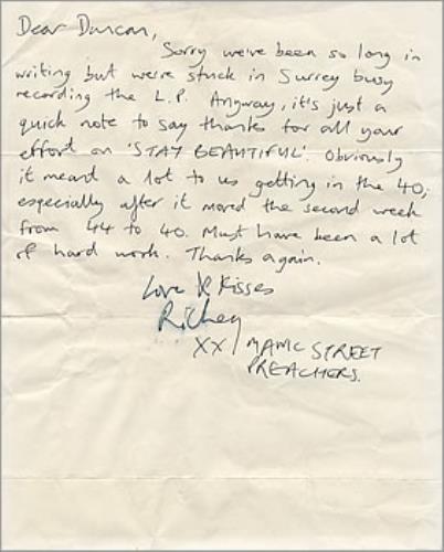 Manic Street Preachers Stay Beautiful Letter memorabilia UK MASMMST205943