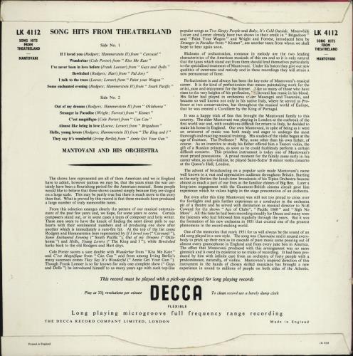 Mantovani Song Hits From Theatreland vinyl LP album (LP record) UK MVQLPSO765249