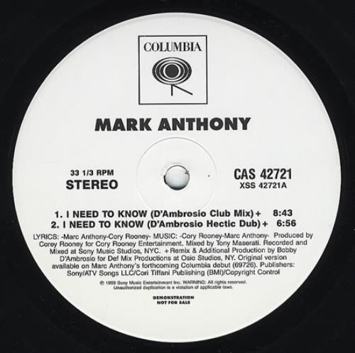 Marc Anthony I Need To Know 12" vinyl single (12 inch record / Maxi-single) US MAH12IN150493