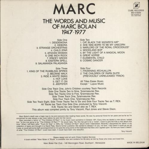Marc Bolan The Words And Music Of Marc Bolan 1947-1977 - EX 2-LP vinyl record set (Double LP Album) Belgian MAB2LTH776948