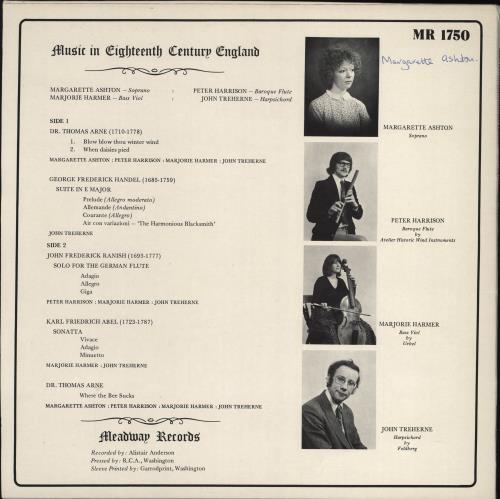 Margarette Ashton Music In Eighteenth Century England - Autographed vinyl LP album (LP record) UK 3B0LPMU776848