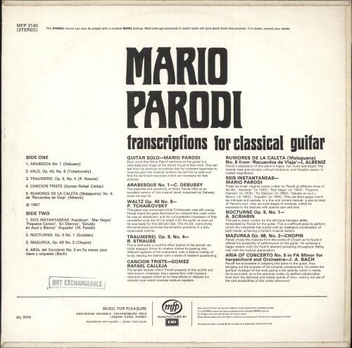 Mario Parodi Transcriptions For Classical Guitar vinyl LP album (LP record) UK NXRLPTR667253