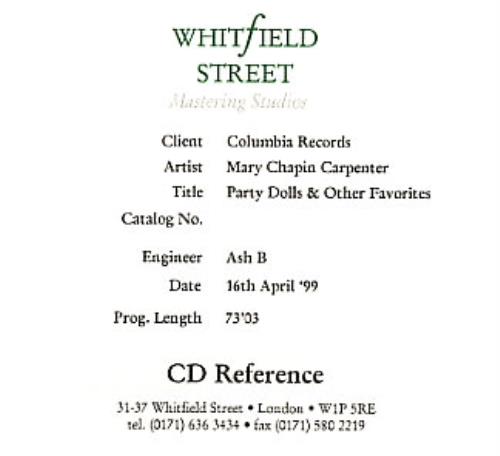 Mary Chapin Carpenter Party Dolls CD-R acetate UK M-CCRPA137048