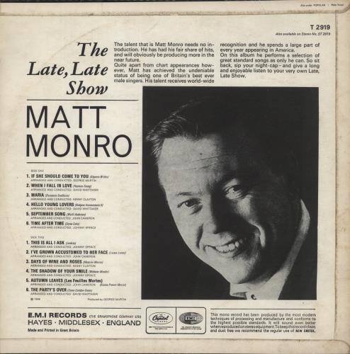 Matt Monro In The Late Late Show vinyl LP album (LP record) UK MTNLPIN868922