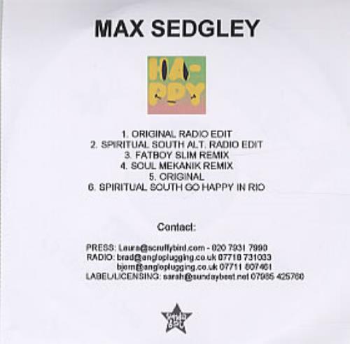 Max Sedgley Happy CD-R acetate UK MXLCRHA317015