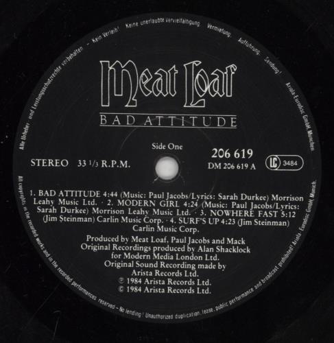 Meat Loaf Bad Attitude vinyl LP album (LP record) German MEALPBA288261