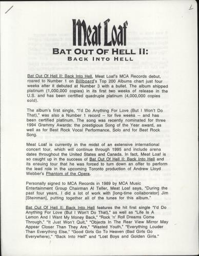 Meat Loaf Bat Out Of Hell 2 media press pack US MEAPPBA22933