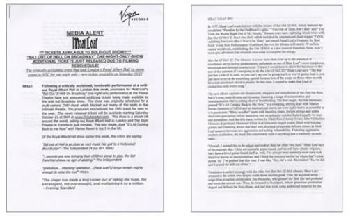 Meat Loaf Bat Out Of Hell On Broadway media press pack US MEAPPBA382106