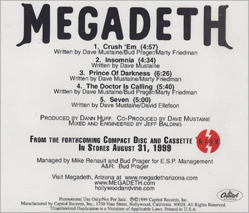 Megadeth Risk Sampler CD-R acetate US MEGCRRI148010