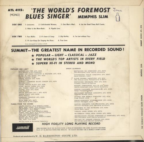 Memphis Slim The World's Foremost Blues Singer - VG vinyl LP album (LP record) UK MEMLPTH781062