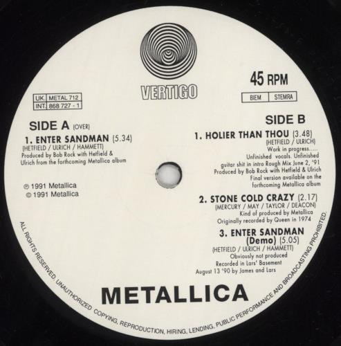 Metallica Enter Sandman 12" vinyl single (12 inch record / Maxi-single) UK MET12EN25783