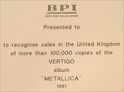 Metallica Metallica award disc UK METAWME91495