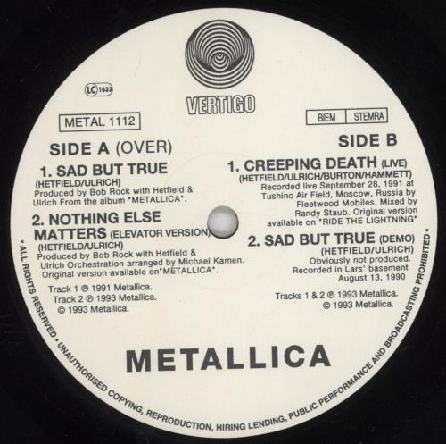 Metallica Sad But True - EX 12" vinyl single (12 inch record / Maxi-single) UK MET12SA854388
