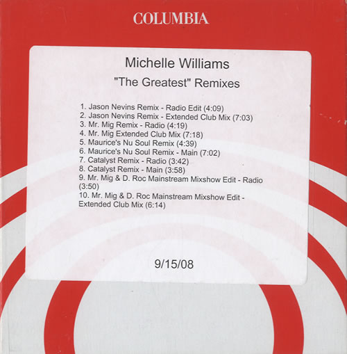 Michelle Williams The Greatest Remixes CD-R acetate US M.WCRTH507155