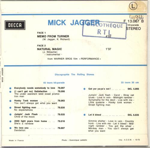 Mick Jagger Memo From Turner 7" vinyl single (7 inch record / 45) French MKJ07ME66467