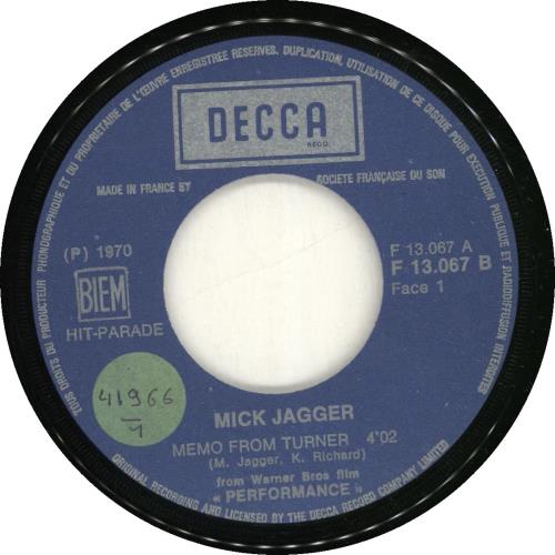 Mick Jagger Memo From Turner 7" vinyl single (7 inch record / 45) French MKJ07ME66467