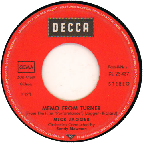 Mick Jagger Memo From Turner 7" vinyl single (7 inch record / 45) German MKJ07ME75290