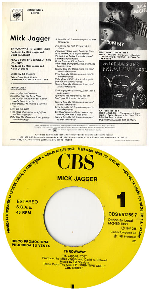 Mick Jagger Throwaway Spanish Promo 7" vinyl single (7 inch record / 45