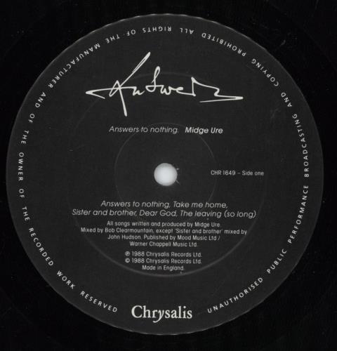 Midge Ure Answers To Nothing vinyl LP album (LP record) UK URELPAN245074