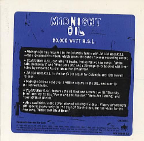 Midnight Oil 20,000 Watt R.S.L CD album (CDLP) US OILCDWA100671
