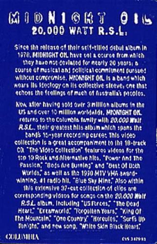 Midnight Oil 20,000 Watt RSL video (VHS or PAL or NTSC) US OILVIWA166797