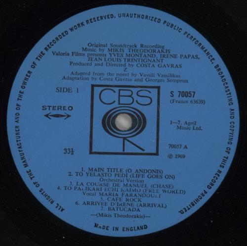 Mikis Theodorakis Z vinyl LP album (LP record) UK TDKLPZ564838