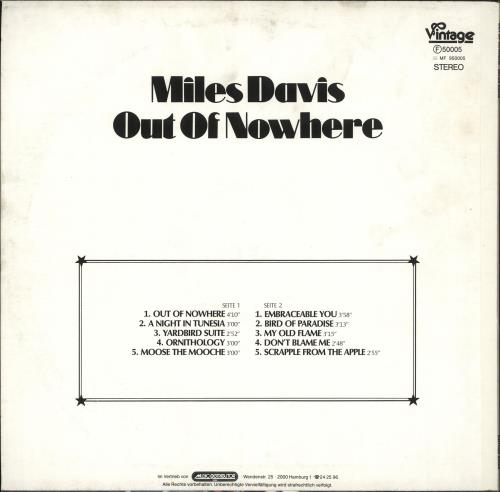 Miles Davis Out Of Nowhere vinyl LP album (LP record) German MDALPOU709010