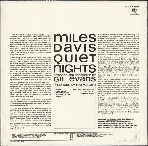 Miles Davis Quiet Nights vinyl LP album (LP record) US MDALPQU582883