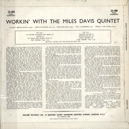 Miles Davis Workin' With The Miles Davis Quintet - VG/EX vinyl LP album (LP record) UK MDALPWO744126